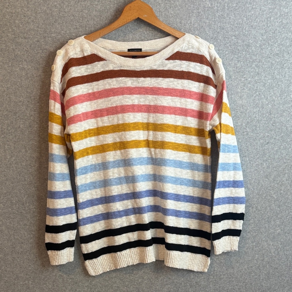 Talbots Women's Striped Sweater in Pink, Yellow, Blue, Black & Brown size Large